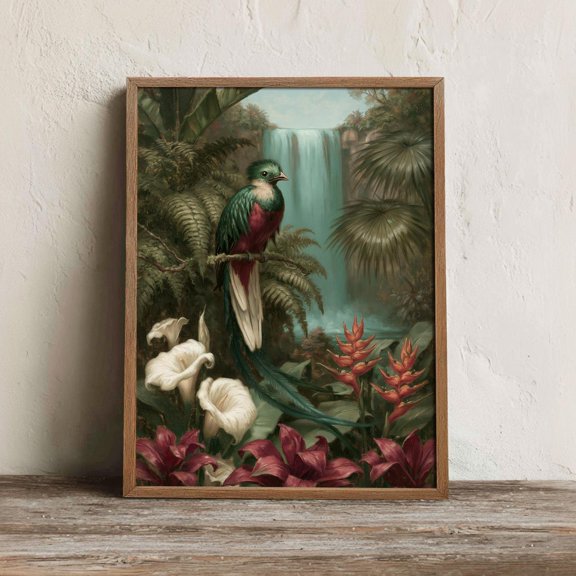 Resplendent Quetzal Waterfall Wall Art Print, Mexican Calla Lily Jungle Decor