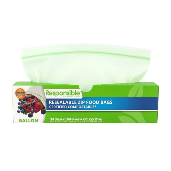 Responsible Products Certified Compostable Large GALLON Resealable Zip Bag, Extra Strength Food Bags, Made from Plant Materials (14 Pack)