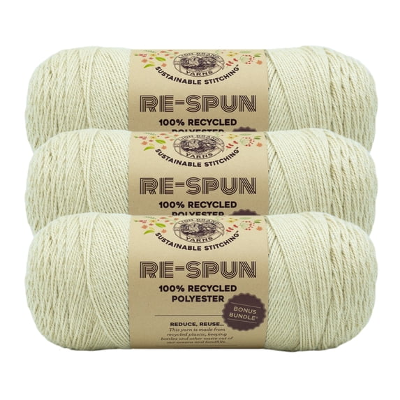Lion Brand Yarn Re-Spun Bonus Bundle Parchment Medium Recycled Polyester Yarn 3 Pack