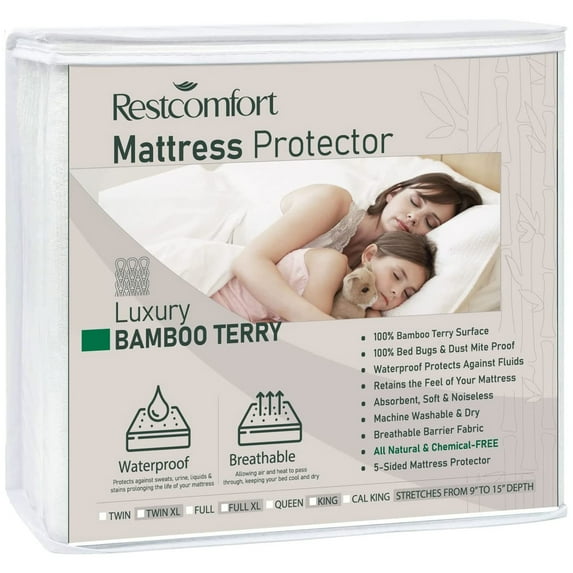 Rest Comfort Luxury Bamboo Terry Top Hypoallergenic Mattress Cover Bed Protector, Twin XL