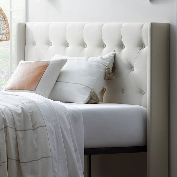 Rest Haven Elizabeth Wingback Upholstered Headboard with Button Tufting, Queen, Cream