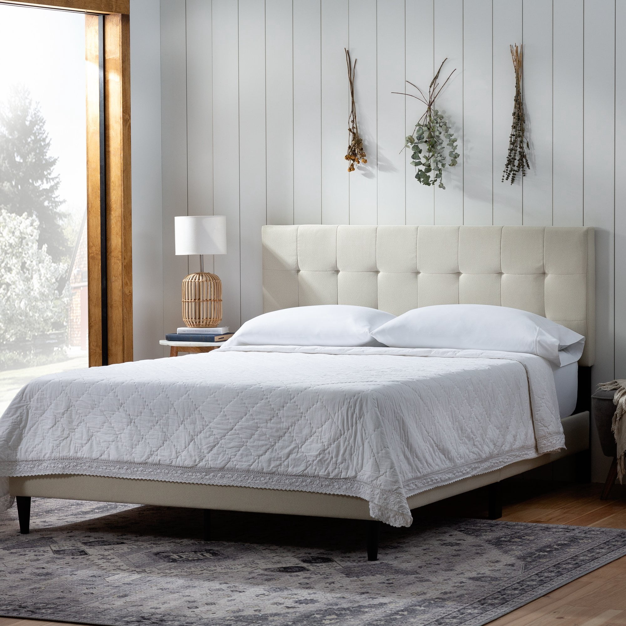 Rest Haven Ells Square Tufted Upholstered Bed, King, Cream