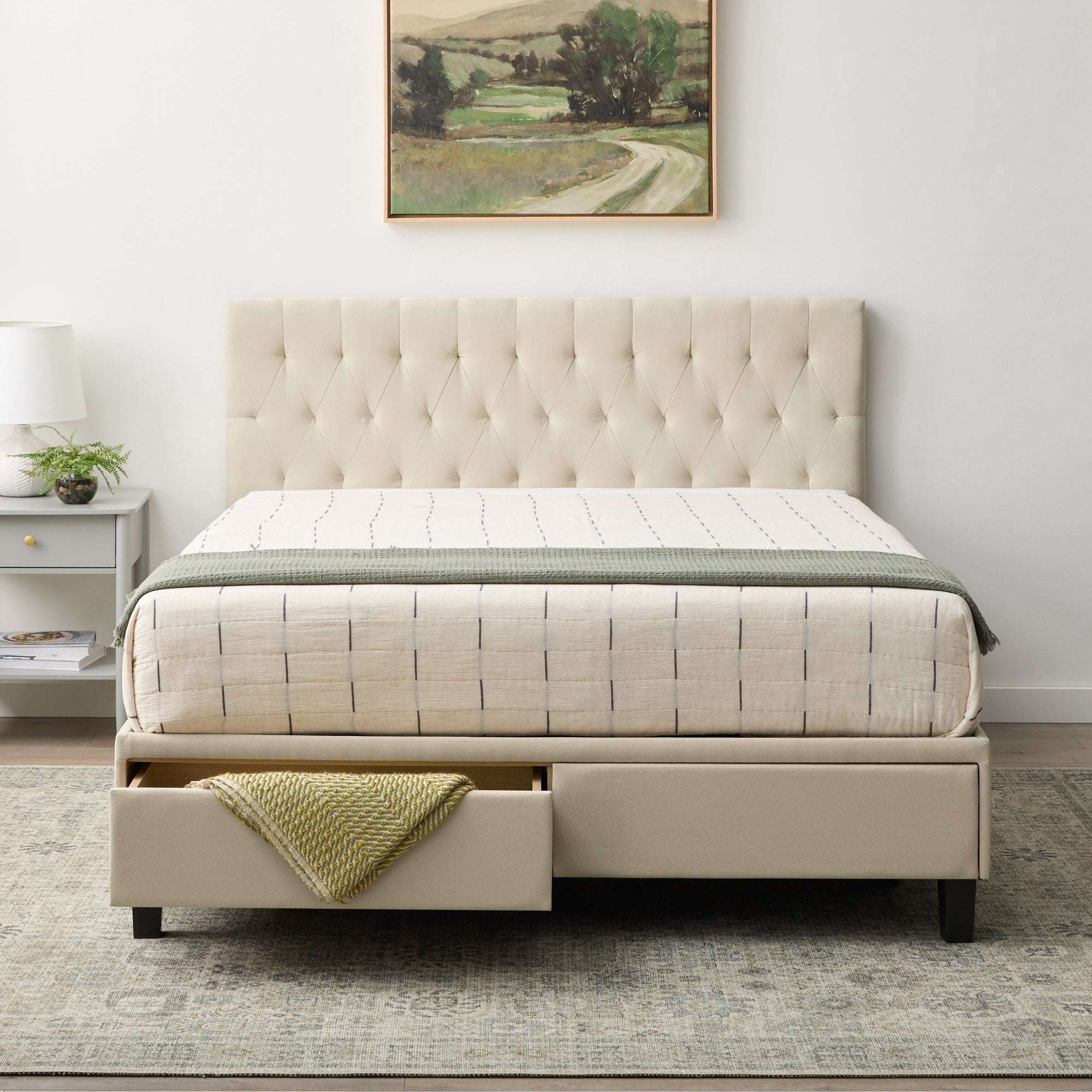 Rest Haven Jasper Upholstered Platform Bed with Drawers, Queen, Cream
