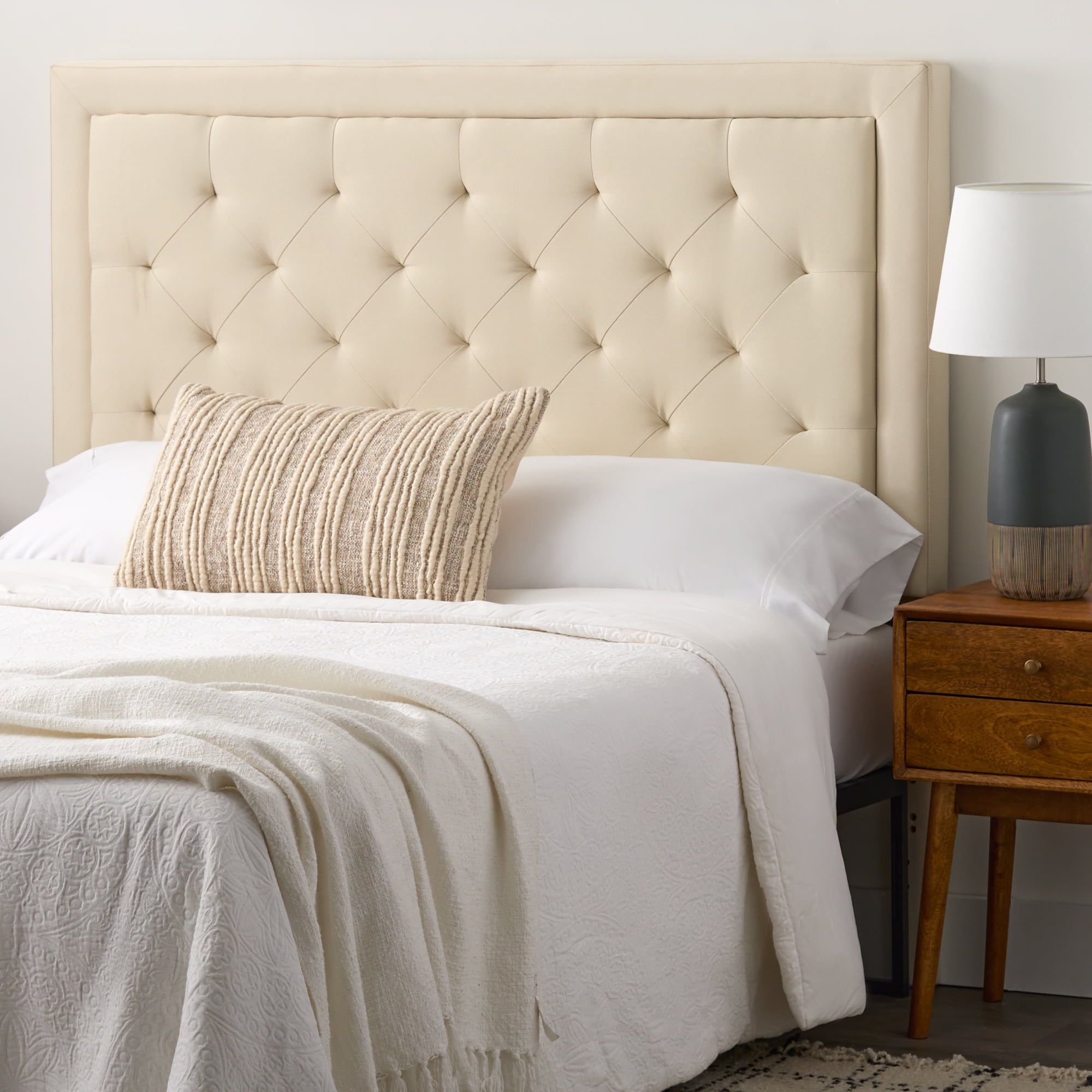 Rest Haven Medford Rectangle Upholstered Headboard with Diamond Tufting, King, Cream