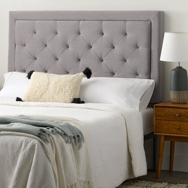 Rest Haven Medford Rectangle Upholstered Headboard with Diamond Tufting, Queen, Gray