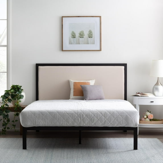 Rest Haven Metal Platform Bed Frame with Upholstered Headboard, Full, Oat