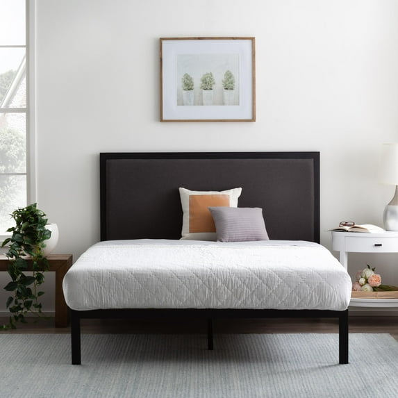 Rest Haven Metal Platform Bed Frame with Upholstered Headboard, King, Charcoal