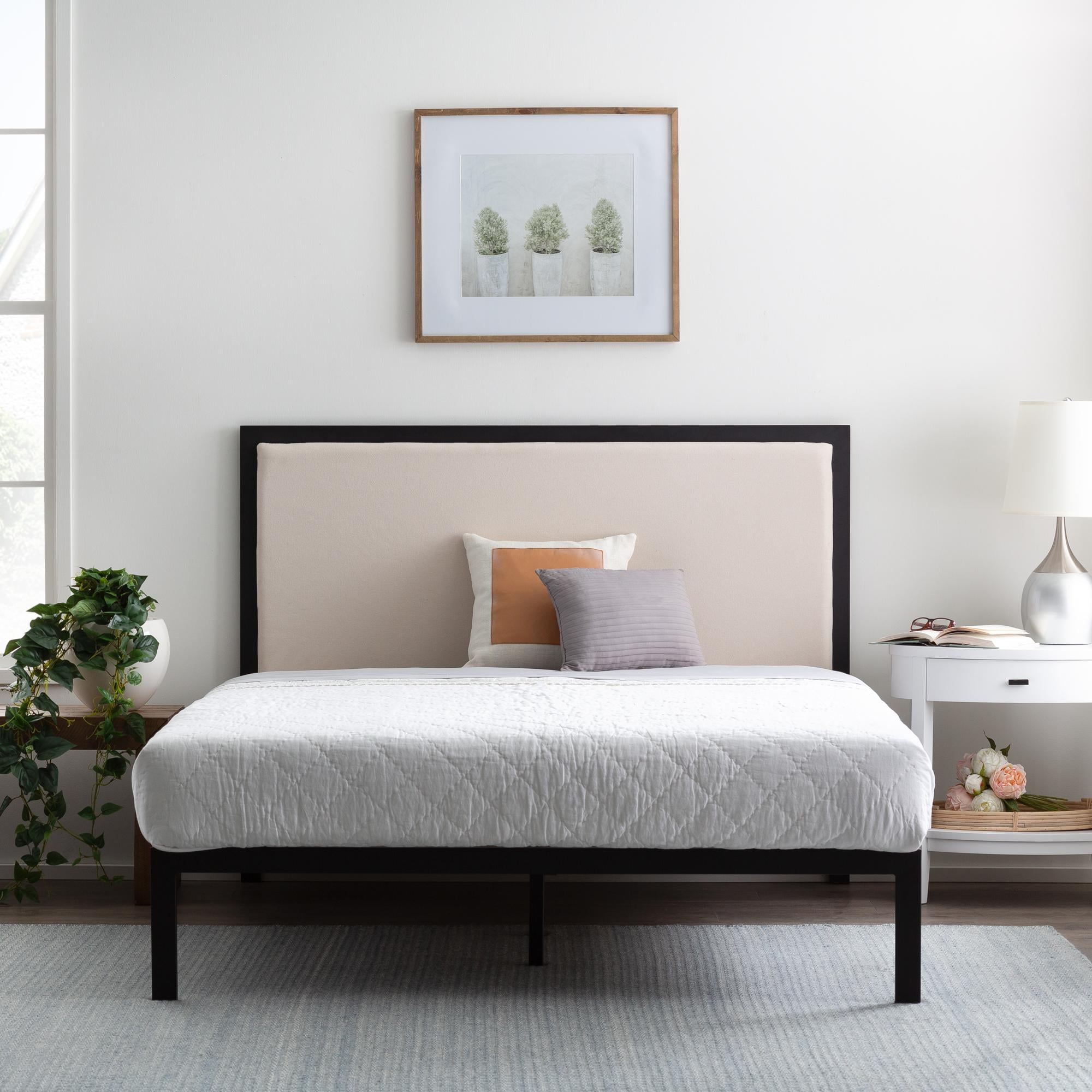 Rest Haven Metal Platform Bed Frame with Upholstered Headboard, Queen, Oat
