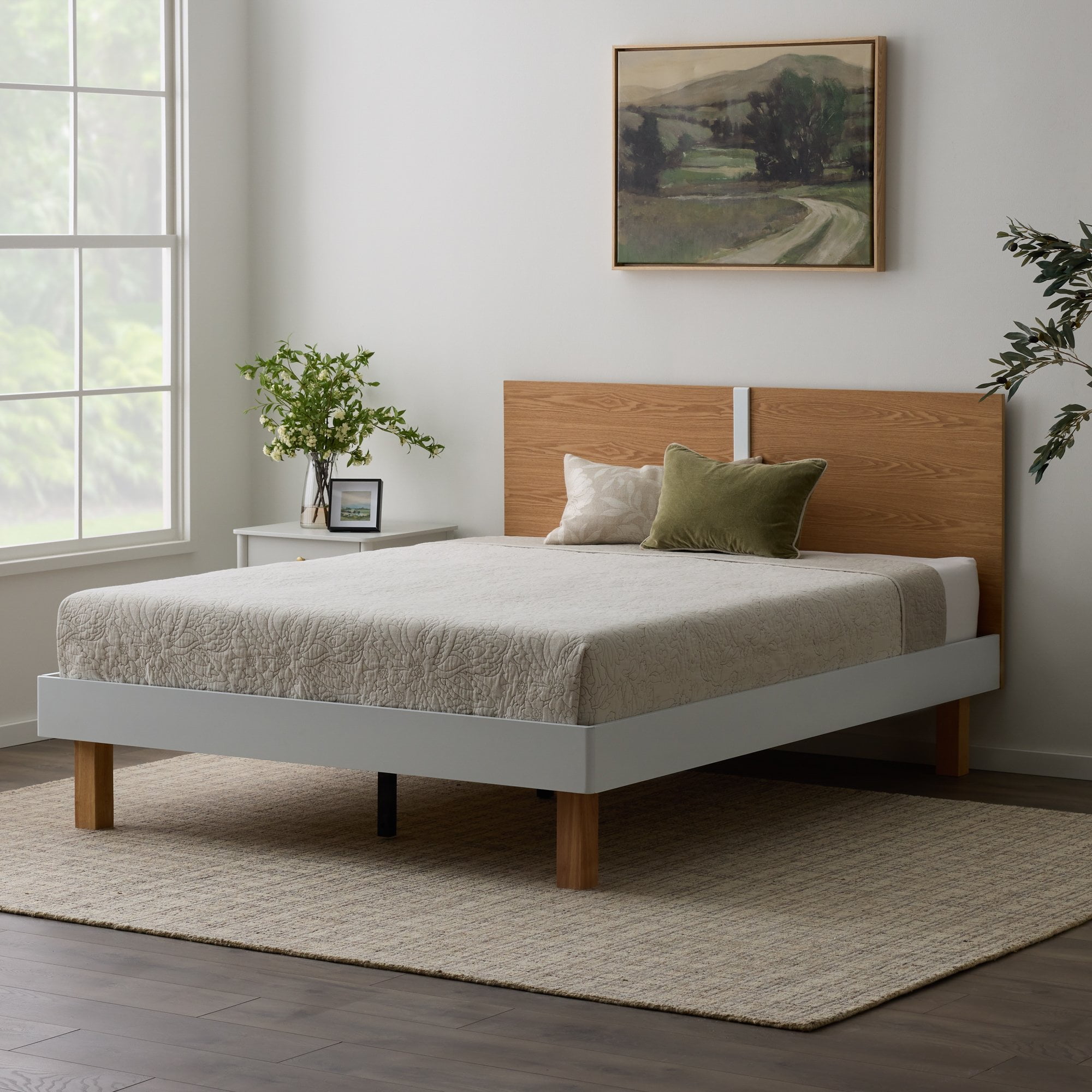 Rest Haven Modern Wood Platform Bed, Queen, Natural & White