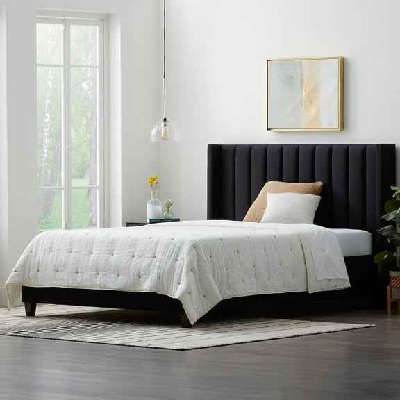 Rest Haven Odessa Tufted Upholstered Wingback Platform Bed, King, Black