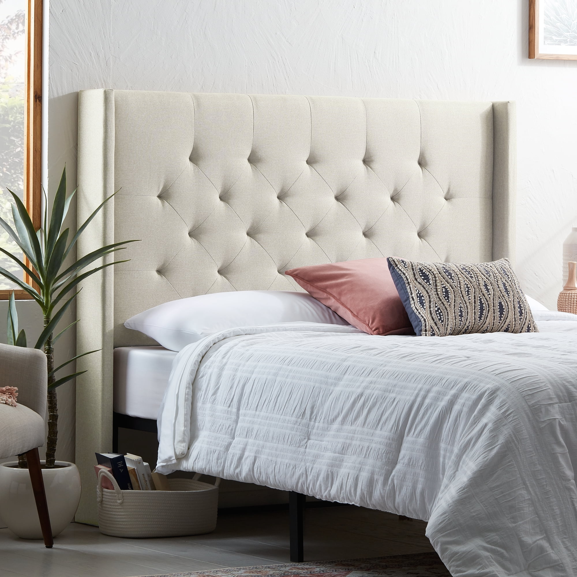 Rest Haven Providence Tufted Wingback Upholstered Headboard, Full, Cream