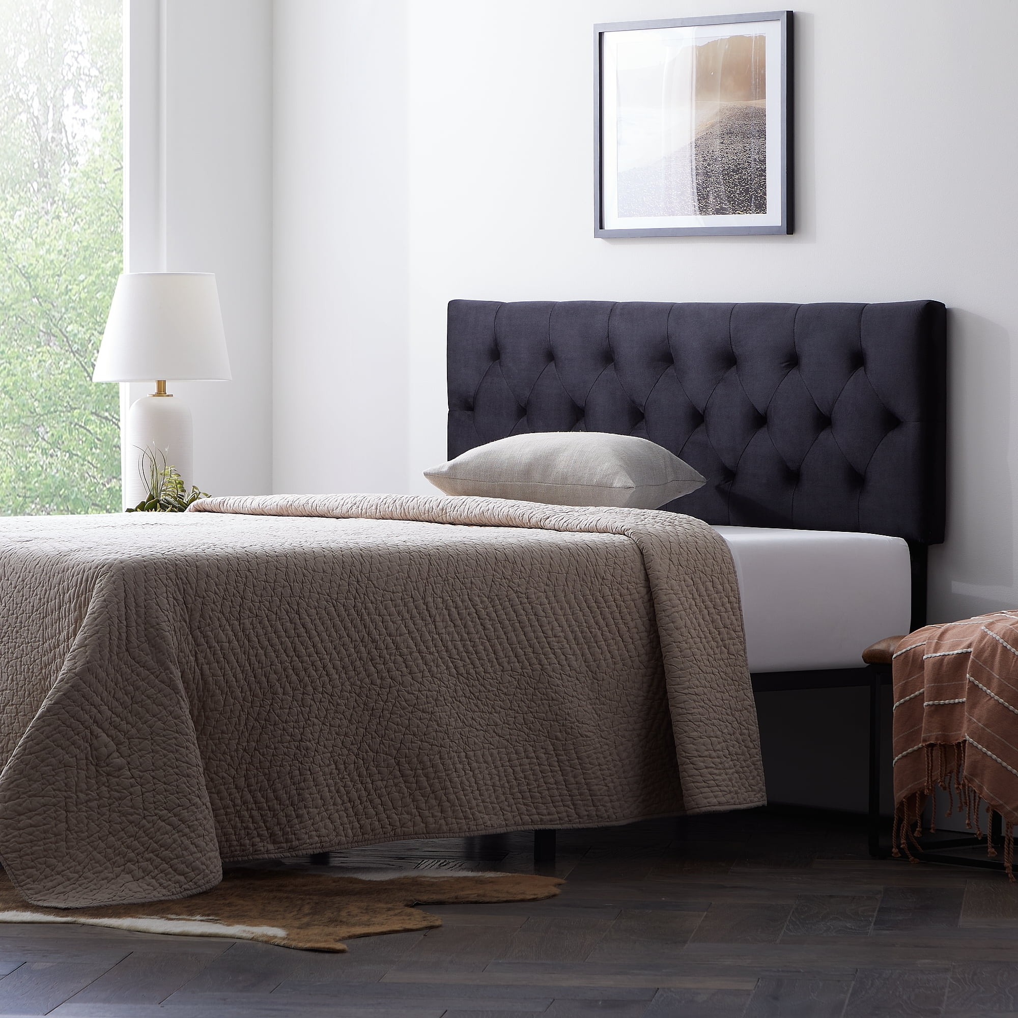 Rest Haven Raleigh Tufted Velvet Upholstered Headboard, California King, Black