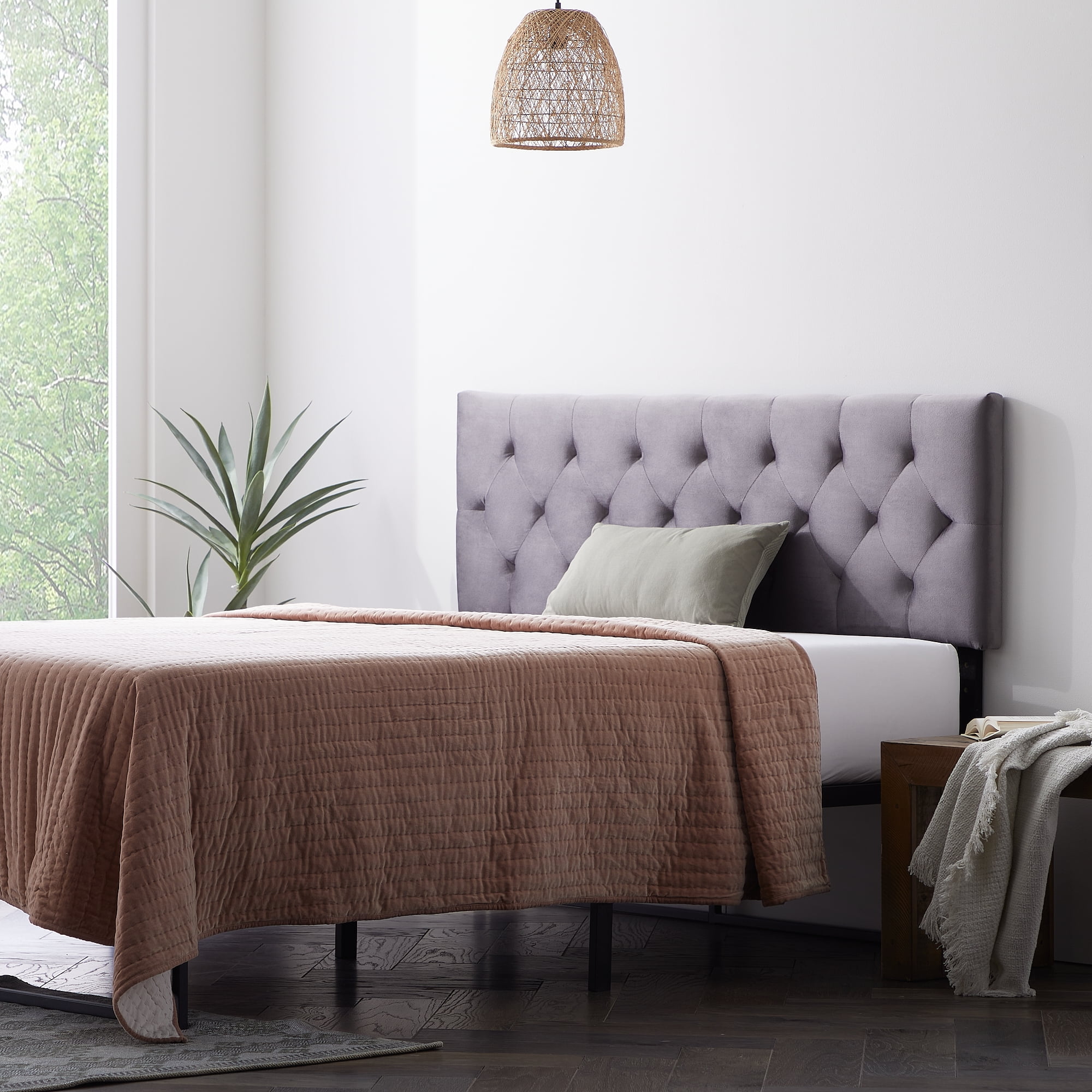 Rest Haven Raleigh Tufted Velvet Upholstered Headboard, Queen, Gray