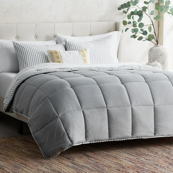 Rest Haven Reversible Hypoallergenic Chambray 3 Piece Comforter Set, Queen, Grey