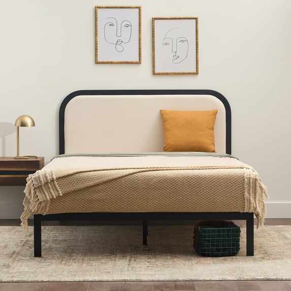 Rest Haven Salem Metal Platform Bed with Rounded Upholstered Headboard, Full, Cream