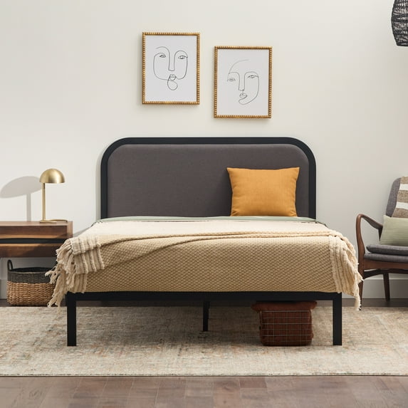 Rest Haven Salem Metal Platform Bed with Rounded Upholstered Headboard, Queen, Charcoal