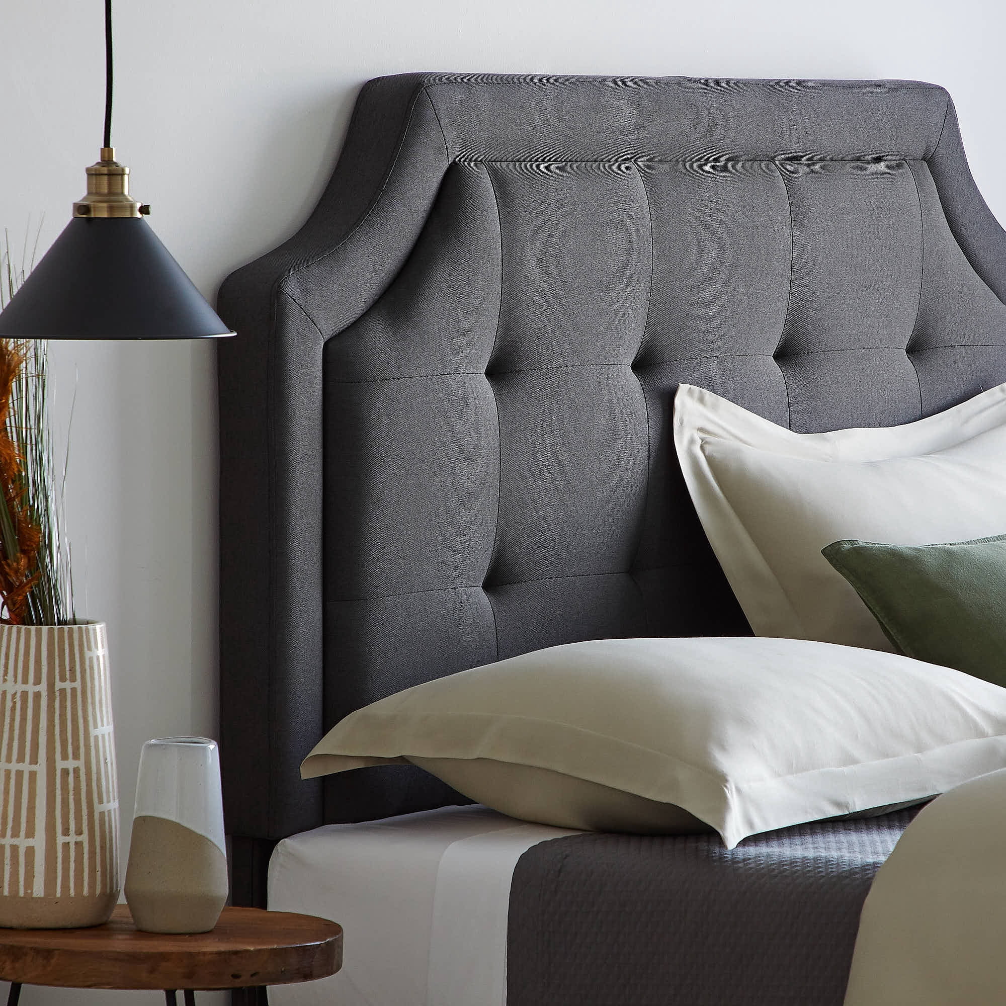 Rest Haven Scallop Edged Upholstered Headboard, Queen, Charcoal