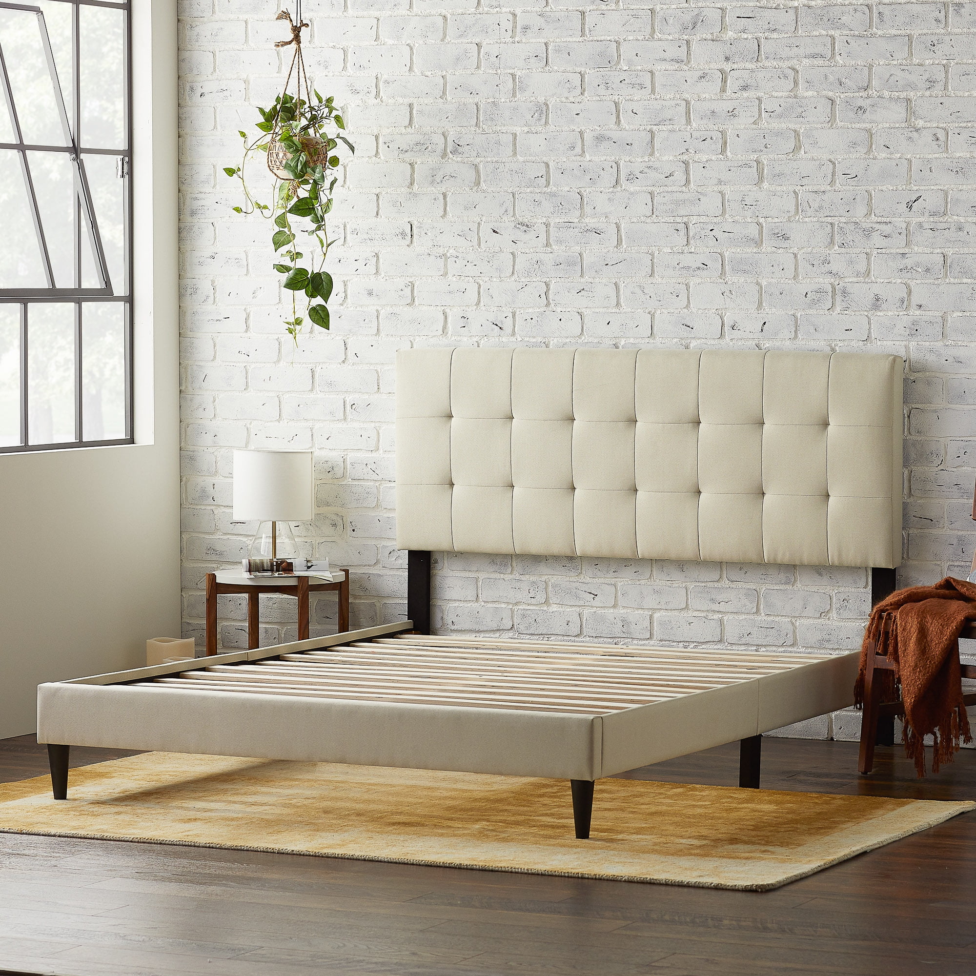 Rest haven upholstered platform bed sale frame with square tufted headboard