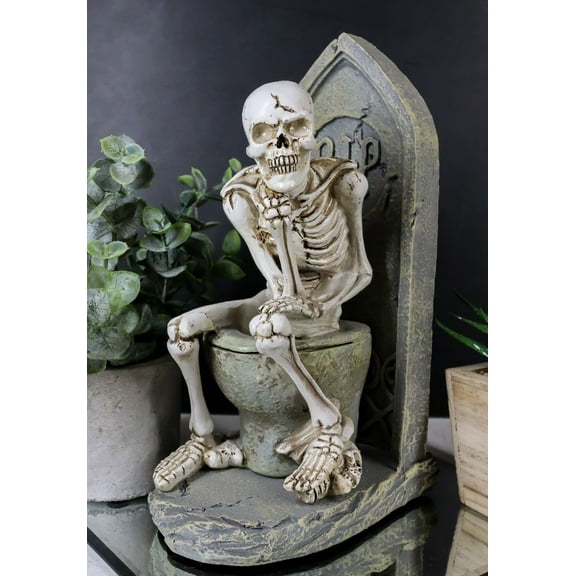 Rest In Peace Constipated Thinker Skeleton Sitting On Graveyard Toilet Statue