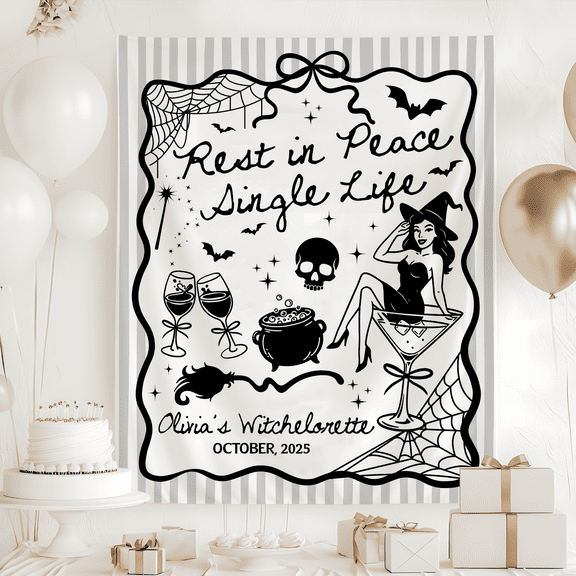Rest In Peace Single Life Bachelorette Tapestry, RIP Single Life Banner, Custom Witchy Bachelorette Backdrop, Halloween Bach Party Decor