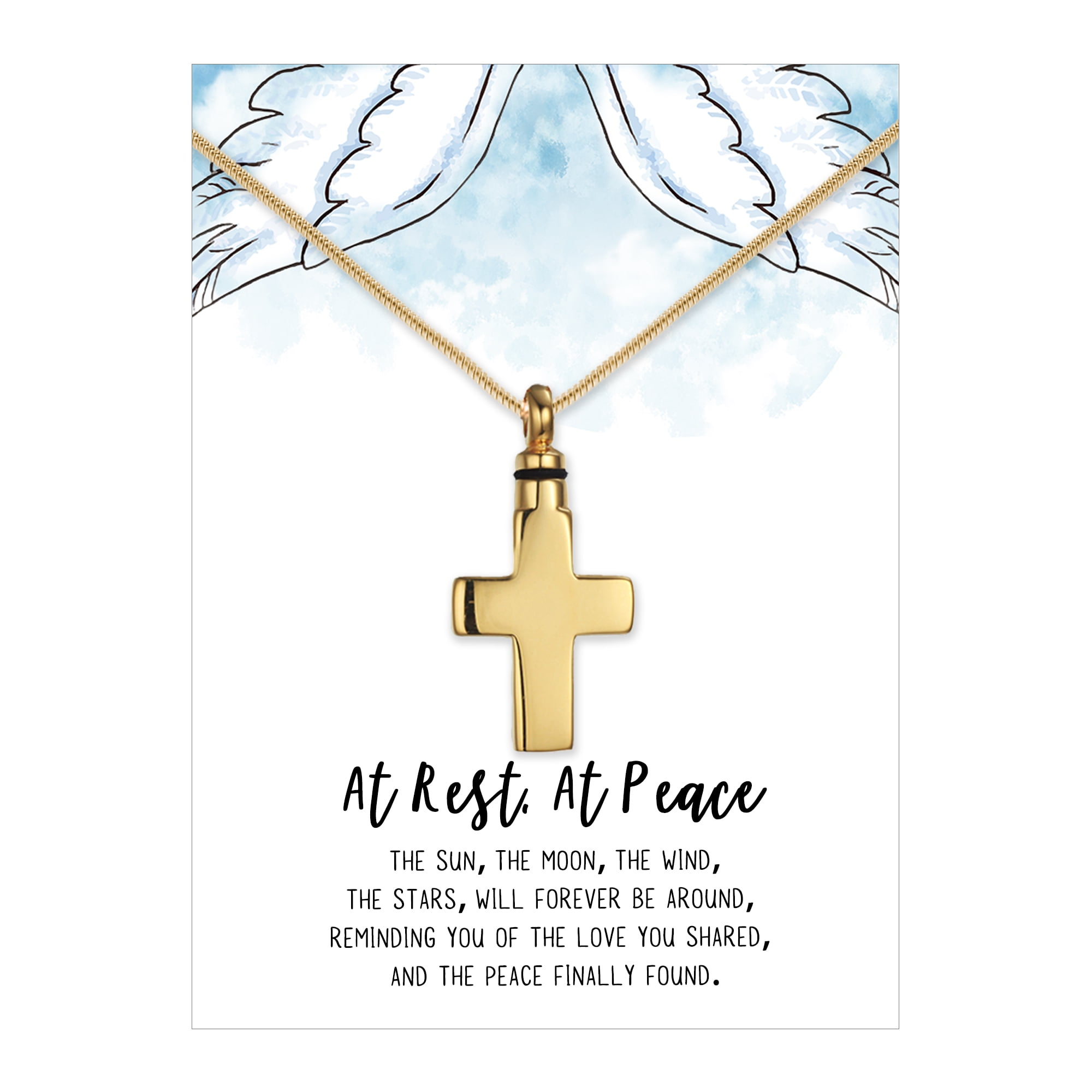 At Rest At Peace Card - Gold Cremation Necklace - Memorial Urn Jewelry - Keepsake Human Ashes Holder Container - Stainless Steel Cross - Funnel Kit - Ships Next Day
