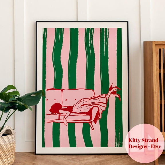 Rest Pink Green Stripes Wall Art Print, Unframed Paper Poster 8x10in