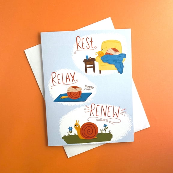 Rest Relax Renew Card  Illustrated Snail Design with Cozy Themes  Blank Inside  Perfect for Self-Care, Encouragement, or Just Because Notes