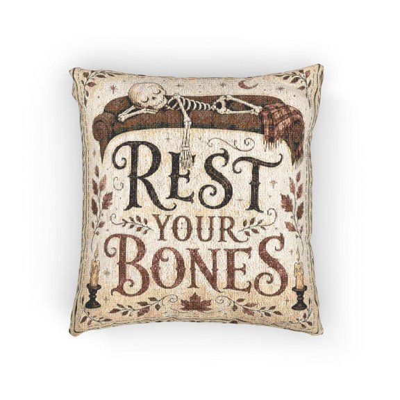 Rest Your Bones Reclining Skeleton Cream, Rust Orange and Olive Decorative Woven Pillow, Cotton Blend