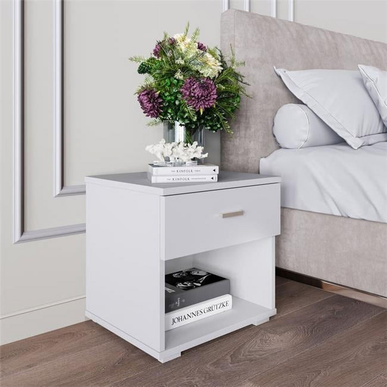White MDF Modern Nightstand with Single Drawer and Storage Cubby