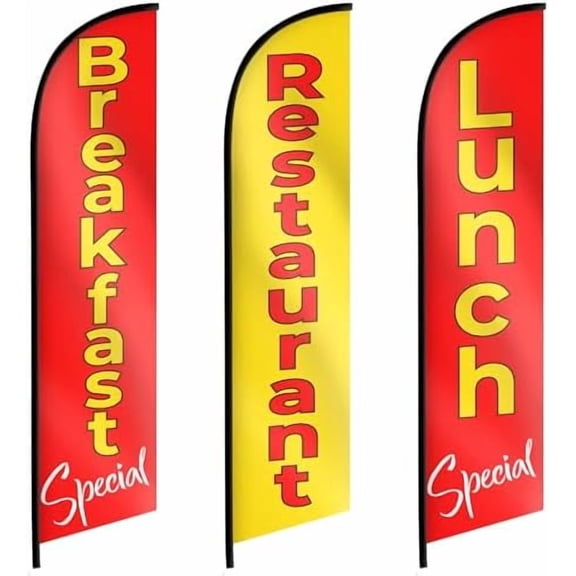 Restaurant Breakfast and Lunch Special Feather Flags for Business - Food Flags - Set of Three Feather Banner for Restaurant, Food Trucks, Events and Fairs 12ft x 2.5ft (Pole not included)