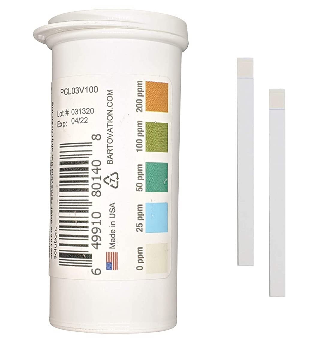 Bartovation Restaurant Chlorine Sanitizer Plastic Test Strips, 0-200 ppm [Moisture Wicking Vial of 100 Strips]