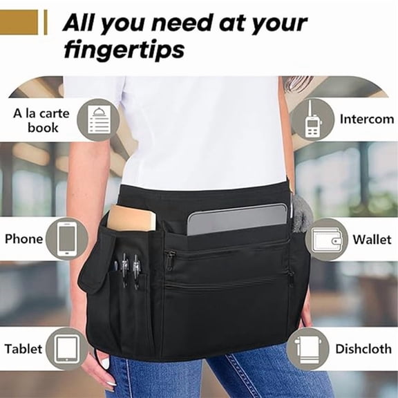 Restaurant Front of House Waitstaff Half Apron with Multiple Pockets, 61x29cm, Polyester, Adjustable Belt