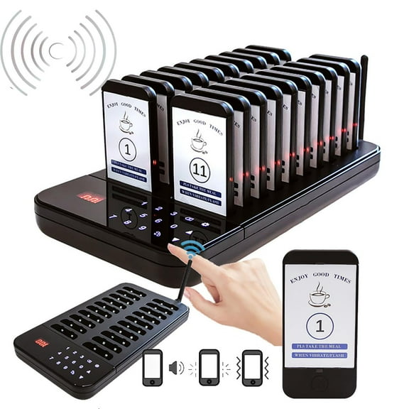 Restaurant Pager, 998 Channels Calling Keypad + 20 Pagers, 3 Calling Modes(Beep/Flash/Vibration), 1-999S Adjustable, 500m Meters, For Restaurant Bar Hotel Cafe Snack Food Court