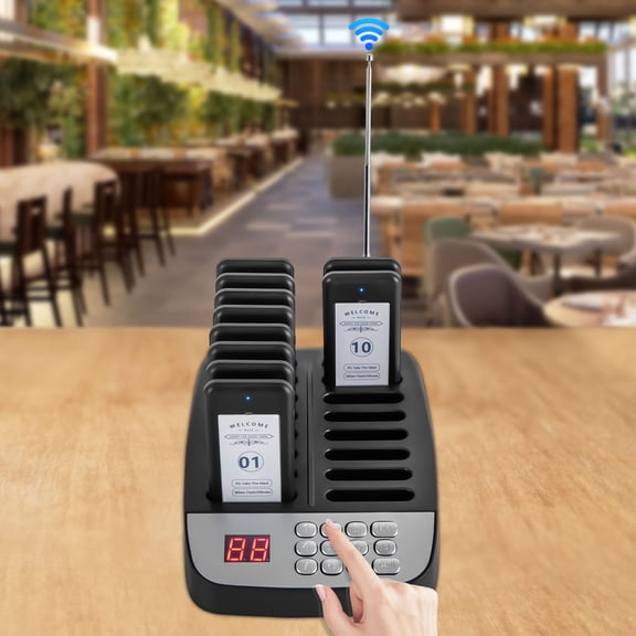 Restaurant Pager System, 10 Wireless Pagers with 16 Charging Slots, 98 Channel Queue Beeper for Restaurant Cafe