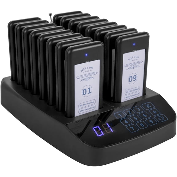 Restaurant Pager System 16 Pagers Wireless Calling System with Touch Keypad Vibration Flash Beeper for Church Nurse Hospital Hotel