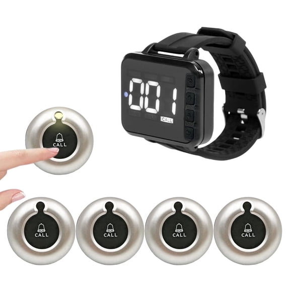 Restaurant Pager System - Table Top Call Beeper Queue Wireless Calling Equipment for Hospital Clinic(1 Watch Pager & 5 Waiter Call Buttons)