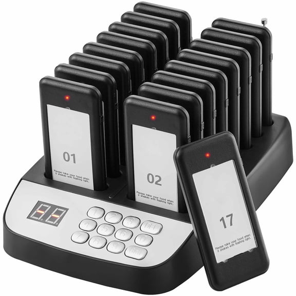 Restaurant Pagers, Wireless 500m Queue System - 16 Call Buttons for Restaurants, Cafes, Food Trucks, Churches, Hospitals, Guest Pagers with Vibration & Flash