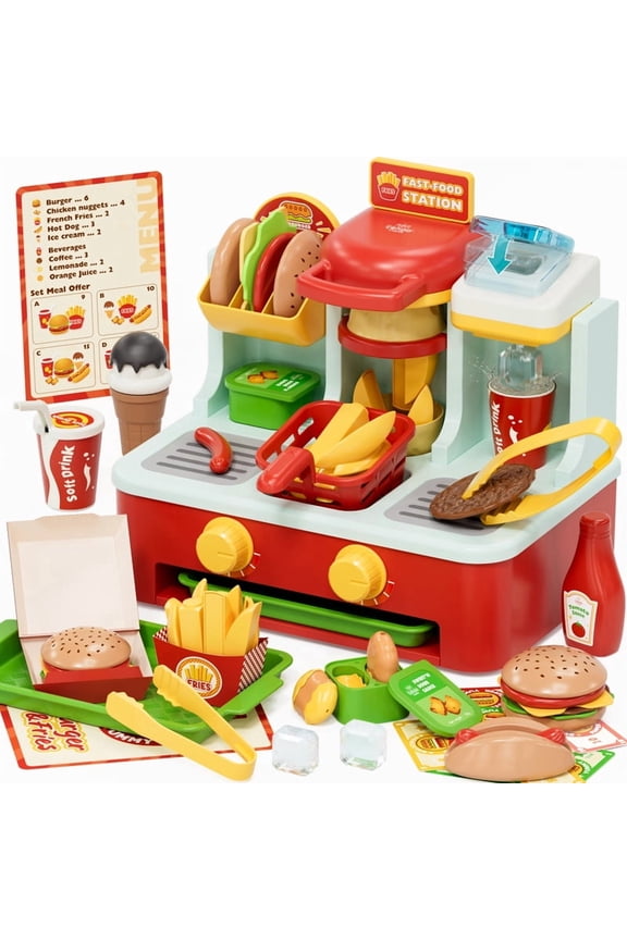 Restaurant Play Food Set Toy, Pretend Play, Fast Food Hamburger Store Play Set with Potato Cutter, Drink Station, Menu, Cash, Preschool Interactive Role Play Toy Gift for Boys Girls 2-5 Years Old
