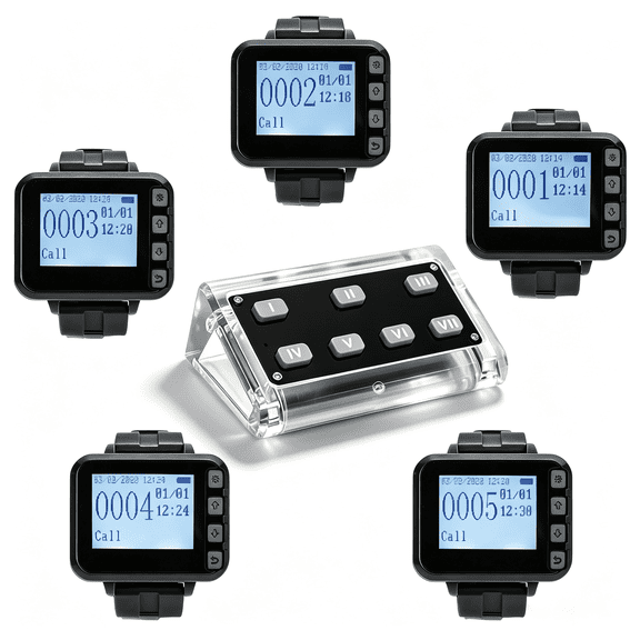 Wireless Restaurant Server Paging System with 7-Key Station & 5 Wrist Receivers - Waterproof Waitress Calling System for Diner Bar Cafe Food Court Hotel