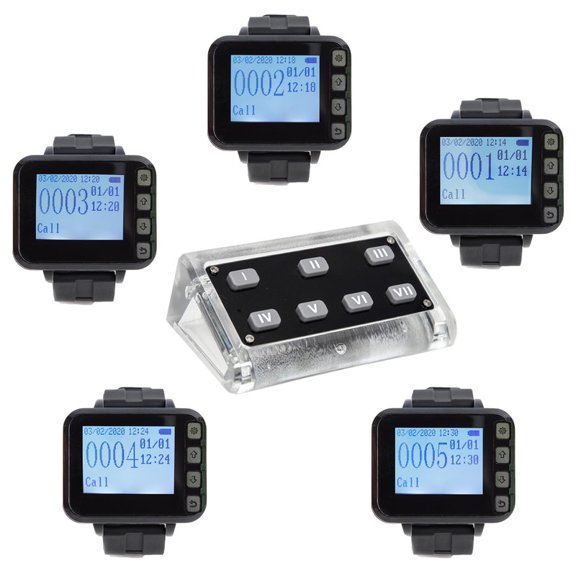 Restaurant Server Buzzer Pager System Waterproof Waitress Calling System Chef to Waiter Wireless Pagers with 1 7-Key Call Button and 5 Pager Watch Receivers for Kitchen Bar Coffee Hotel