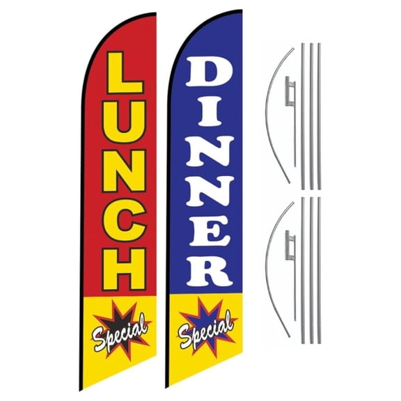 Restaurant Swooper Flags Pack of 2 - Lunch & Dinner Advertising Banners with Poles & Stakes - Outdoor Business Signage for Sidewalk & Highway Visibility