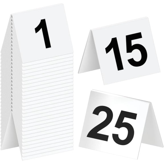 Restaurant Table Numbers 1-25 White, Tent Table Numbers (3 in x 3.5 in)
