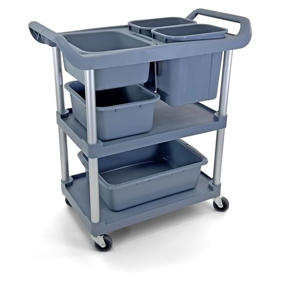 Restaurant Utility Storage Cart | 5 Bus Tubs Boxes | Multi-Function Mobile Shelving Units Organizer for Hotel | Kitchen | Gray.