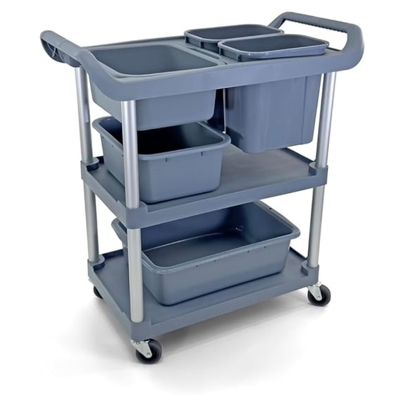 Restaurant Utility Storage Cart | 5 Bus Tubs Boxes | Multi-Function Mobile Shelving Units Organizer for Hotel | Kitchen | Gray.