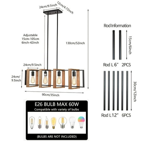 Restaurant lighting farmhouse pendant lights kitchen island rustic kitchen lighting 4 lights wooden and black metal rectangular pendant ceiling hanging light 35 inches