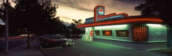 Restaurant lit up at dusk Route 66 Albuquerque Bernalillo County New Mexico USA Canvas Art - Panoramic Images (36 x 12)