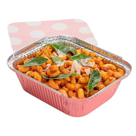 Foil Lux 12 oz Rectangle Blue Aluminum Take Out Container - with Polka Dot Paper Lid - 5 3/4" x 4 3/4" x 1 3/4" - 200 count box