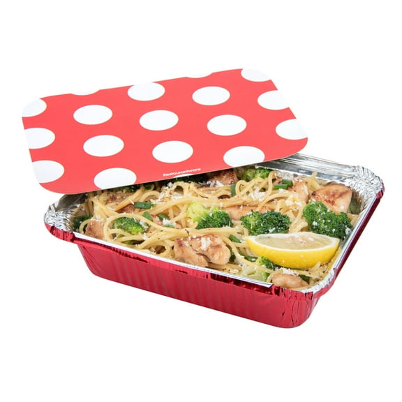 Foil Lux 12 oz Rectangle Pink Aluminum Take Out Container - Polka Dot Paper Lid - 5 3/4" x 4 3/4" x 1 3/4" - 50 count box