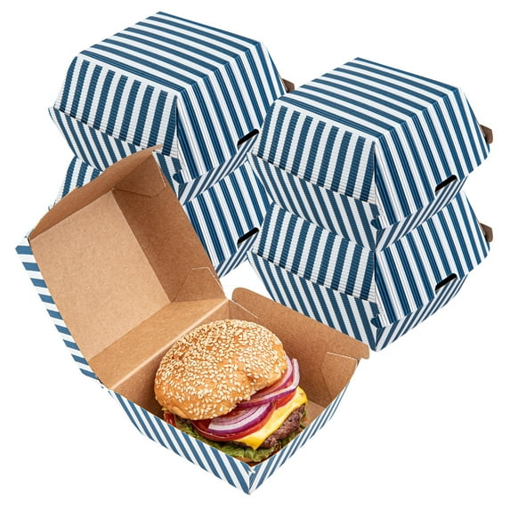 Bio Tek Blue and White Stripe Paper Burger Box - Ripple Wall - 4" x 4" x 3 3/4" - 100 count box