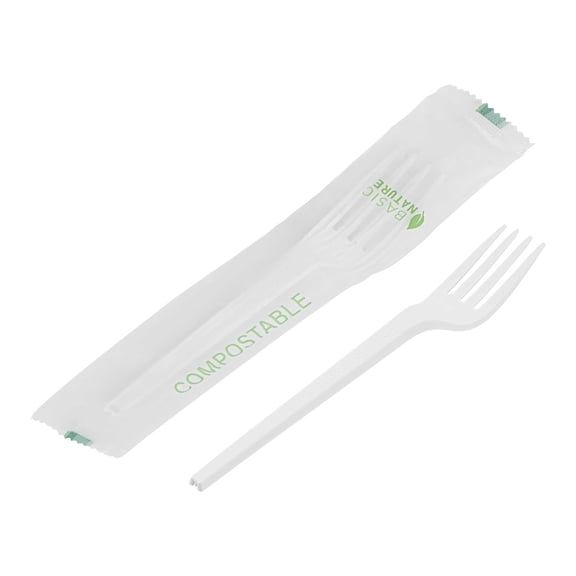 Basic Nature Black CPLA Plastic Cutlery Set - White Napkin, Heat-Resistant, Compostable - 8 3/4" x 2 3/4" x 3/4" - 100 count box